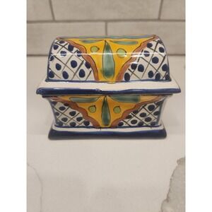 Vintage Talavera Mexico Dome Lidded Trinket Jewelry Box Signed Yellow Blue Green